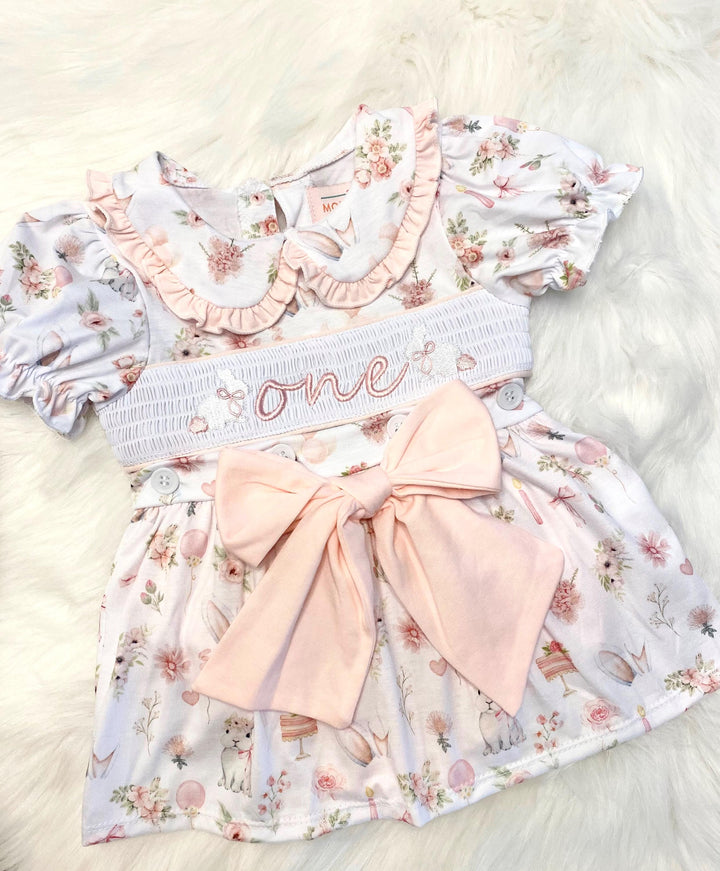 some bunny is one  pink bow first birthday girl romper pink and white outfit, girls one pink white smocked romper dress first birthday spring bunny rabbit easter bow ruffle embroidered smocked short sleeve 1st birthday outfit romper baby girls