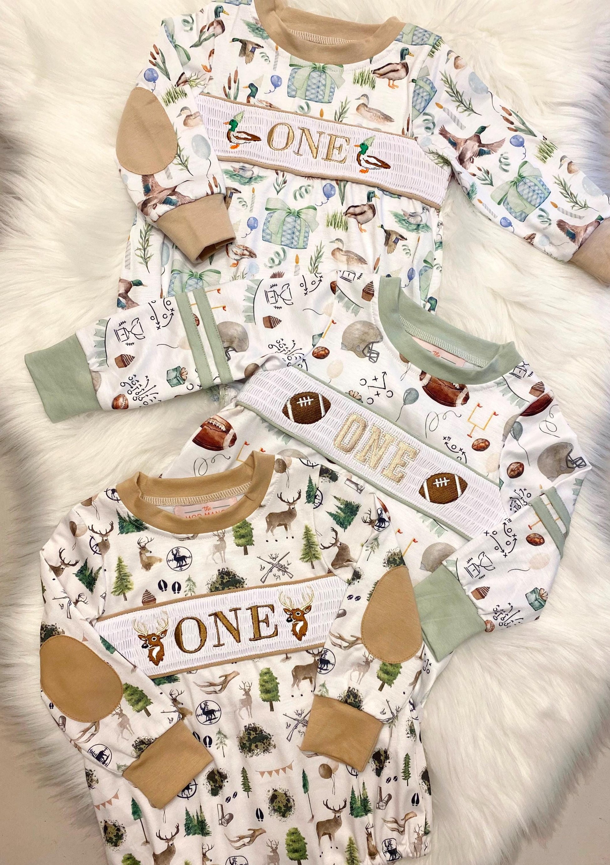 boys first birthday outfitthe big one deer hunting shirt first birthday boy romper fall green brown tan beige outfit ONE smocked bubble romper first birthday deer buck trees antlers, party deer embroidered smocked 1st birthday outfit romper baby boys