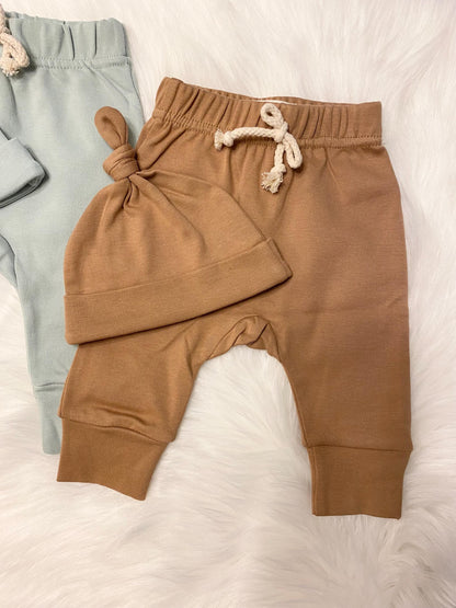 brown newborn baby boy joggers with hat set, organic cotton baby boys gift