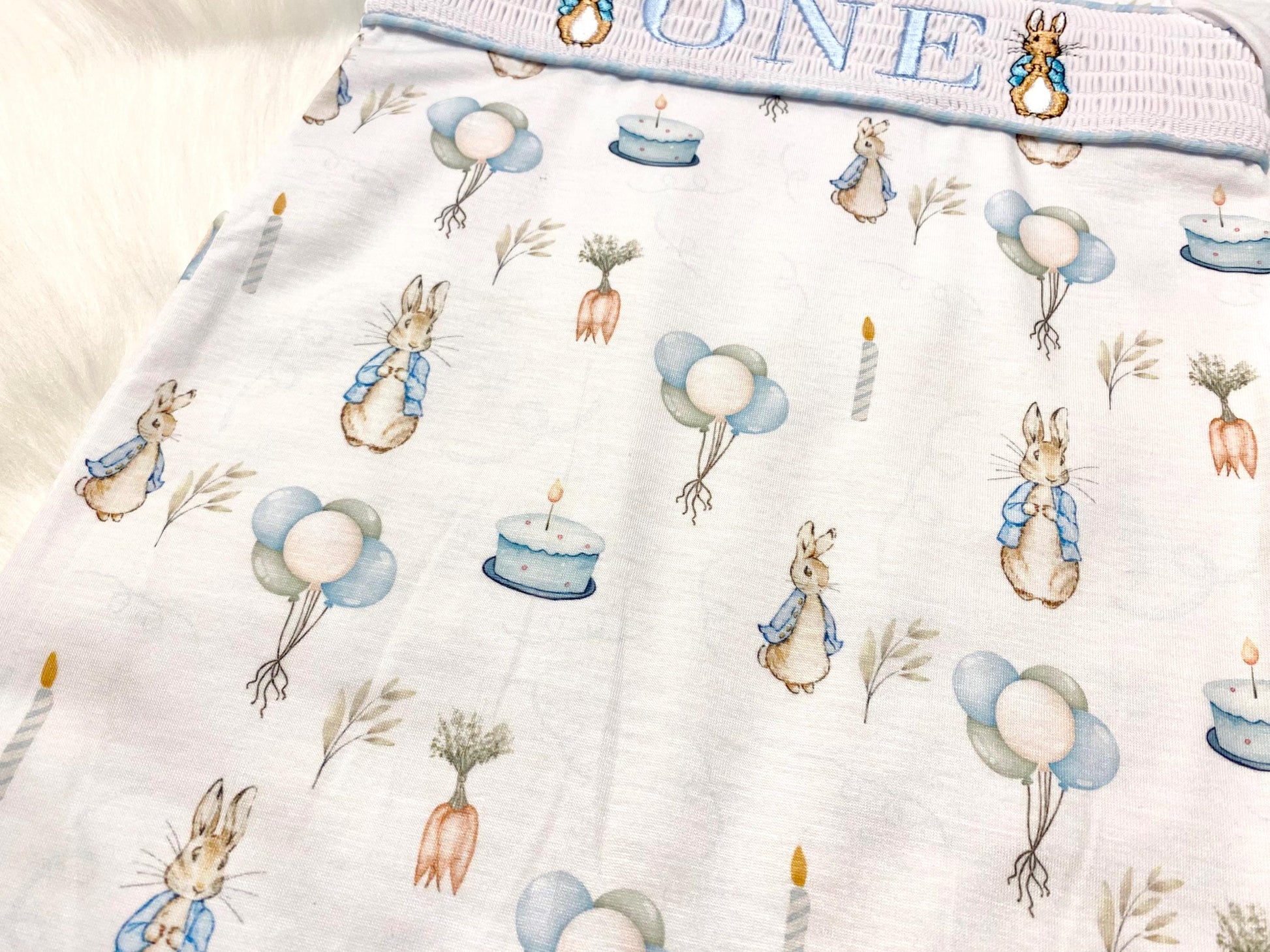 peter rabbit shirt first birthday boy romper spring baby blue and white gingham checkered tan beige outfit, ONE smocked bubble romper first birthday bunny rabbit, some bunny is one embroidered smocked 1st birthday outfit romper baby boys easter