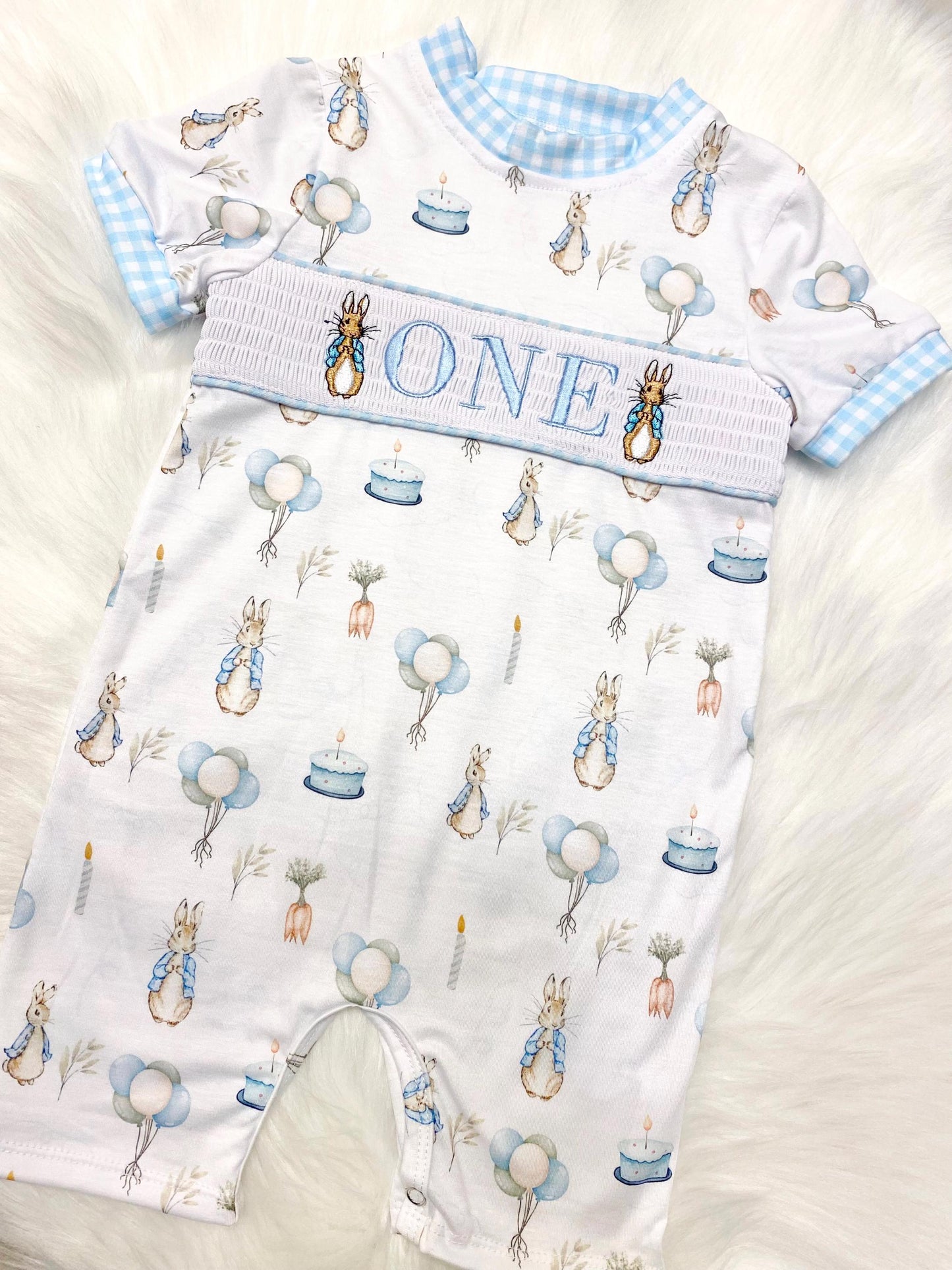 peter rabbit shirt first birthday boy romper spring baby blue and white gingham checkered tan beige outfit, ONE smocked bubble romper first birthday bunny rabbit, some bunny is one embroidered smocked 1st birthday outfit romper baby boys easter