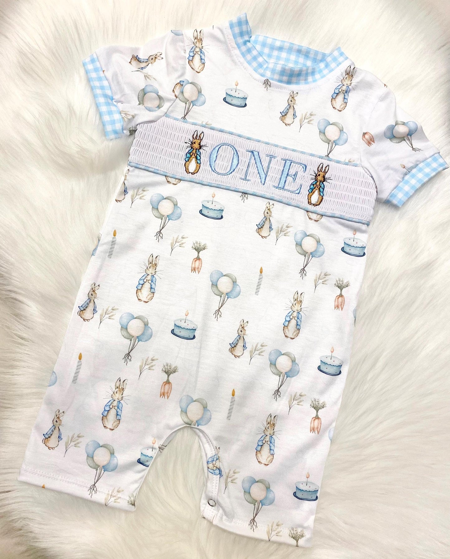 peter rabbit shirt first birthday boy romper spring baby blue and white gingham checkered tan beige outfit, ONE smocked bubble romper first birthday bunny rabbit, some bunny is one embroidered smocked 1st birthday outfit romper baby boys easter