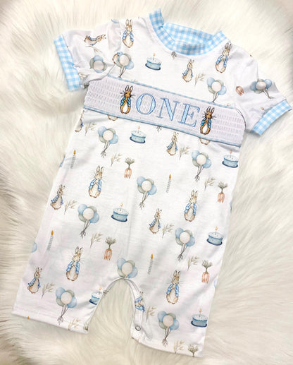 peter rabbit shirt first birthday boy romper spring baby blue and white gingham checkered tan beige outfit, ONE smocked bubble romper first birthday bunny rabbit, some bunny is one embroidered smocked 1st birthday outfit romper baby boys easter