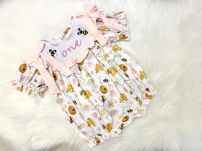first bee day pink bow first birthday girl romper yellow pink and white outfit, girls one pink white smocked bubble romper first birthday spring summer bees bows ruffle embroidered smocked short sleeve 1st birthday outfit romper baby girls bee hive