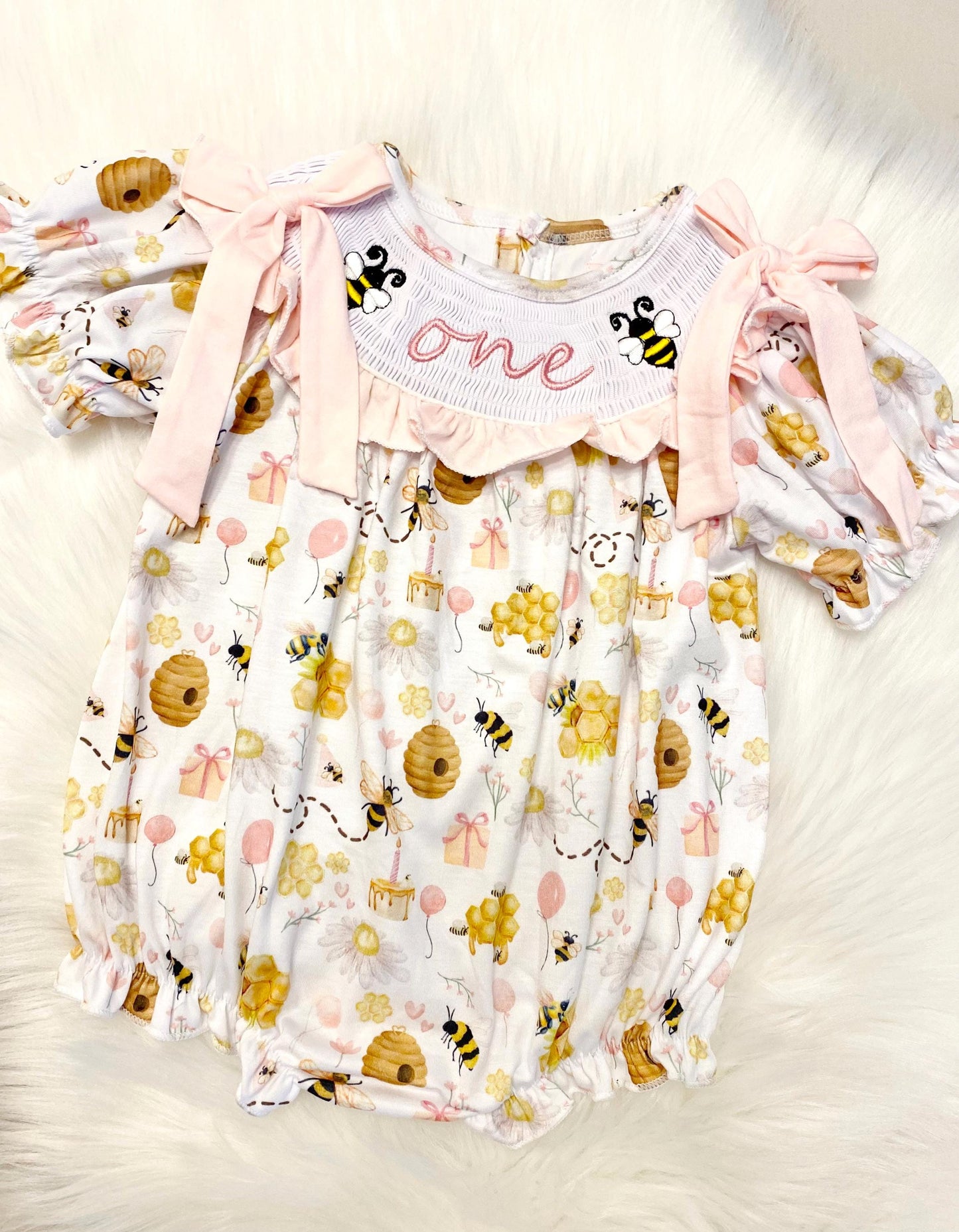 first bee day pink bow first birthday girl romper yellow pink and white outfit, girls one pink white smocked bubble romper first birthday spring summer bees bows ruffle embroidered smocked short sleeve 1st birthday outfit romper baby girls bee hive