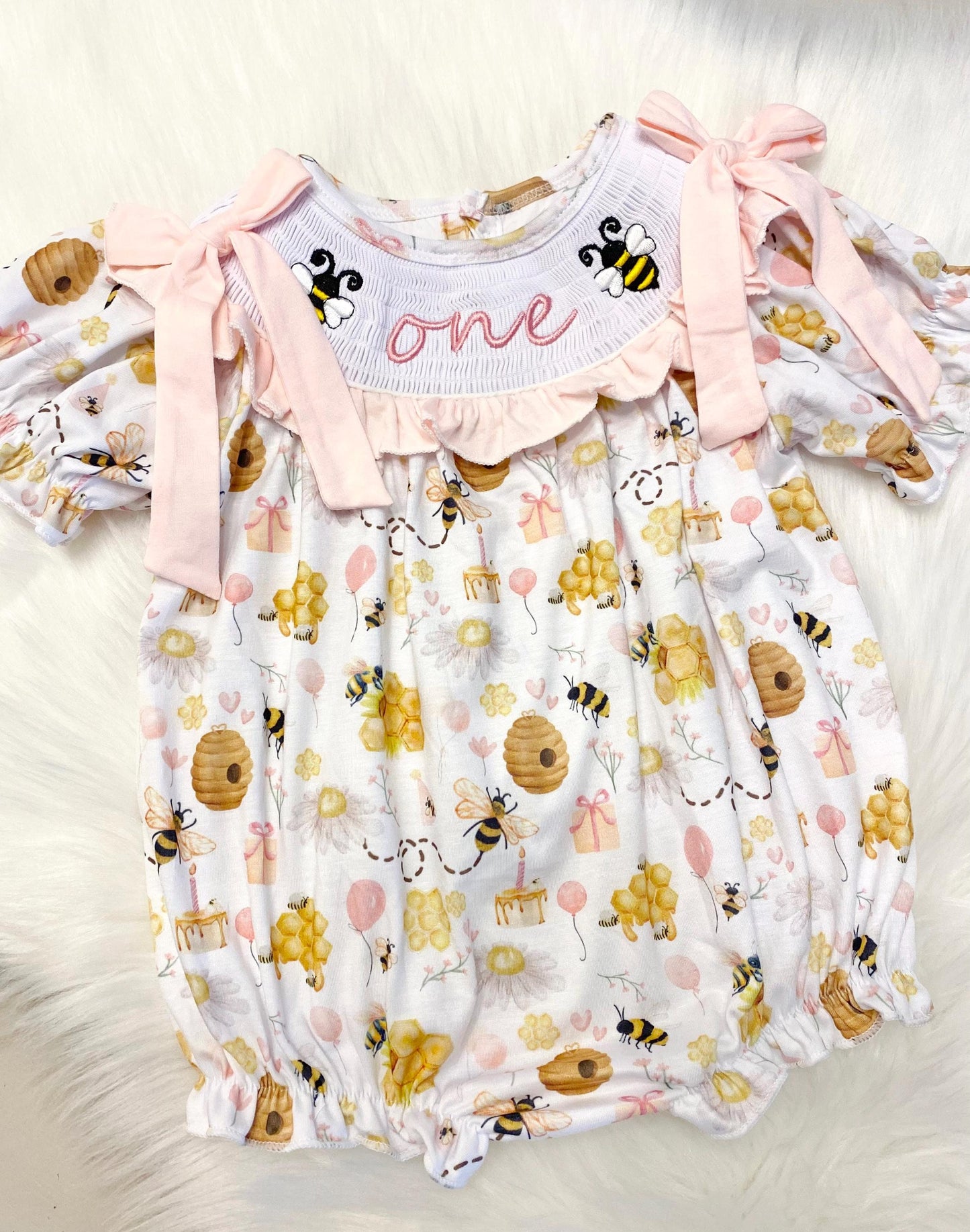first bee day pink bow first birthday girl romper yellow pink and white outfit, girls one pink white smocked bubble romper first birthday spring summer bees bows ruffle embroidered smocked short sleeve 1st birthday outfit romper baby girls bee hive