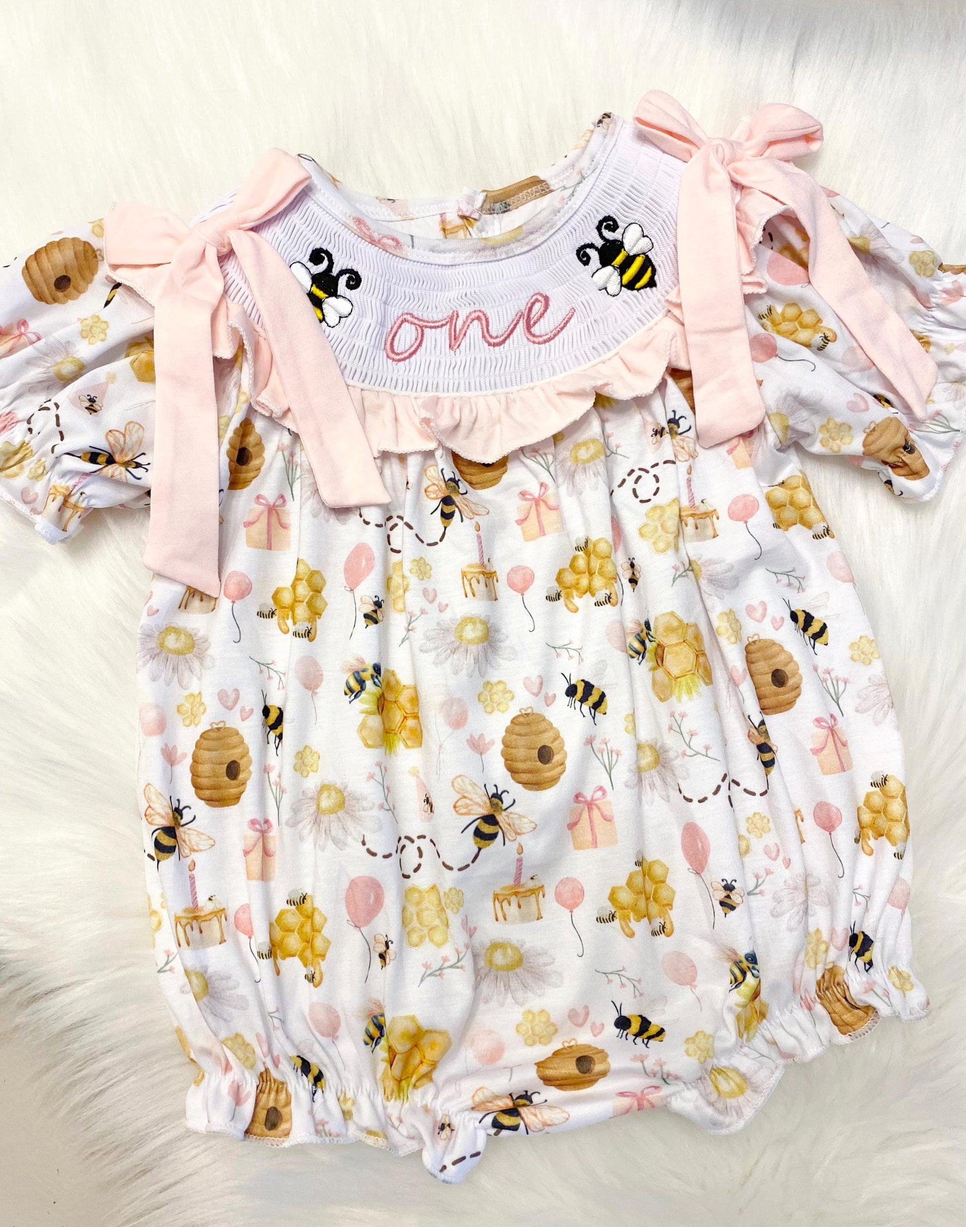 first bee day pink bow first birthday girl romper yellow pink and white outfit, girls one pink white smocked bubble romper first birthday spring summer bees bows ruffle embroidered smocked short sleeve 1st birthday outfit romper baby girls bee hive
