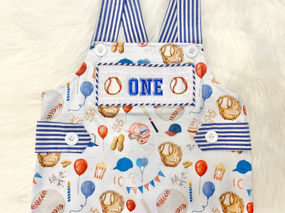 roockie of the year first birthday boy romper baseball royal blue red tan beige smash cake outfit overalls, ONE smocked romper first birthday baseballs, sports embroidered smocked spring summer 1st birthday boy outfit romper baby boys
