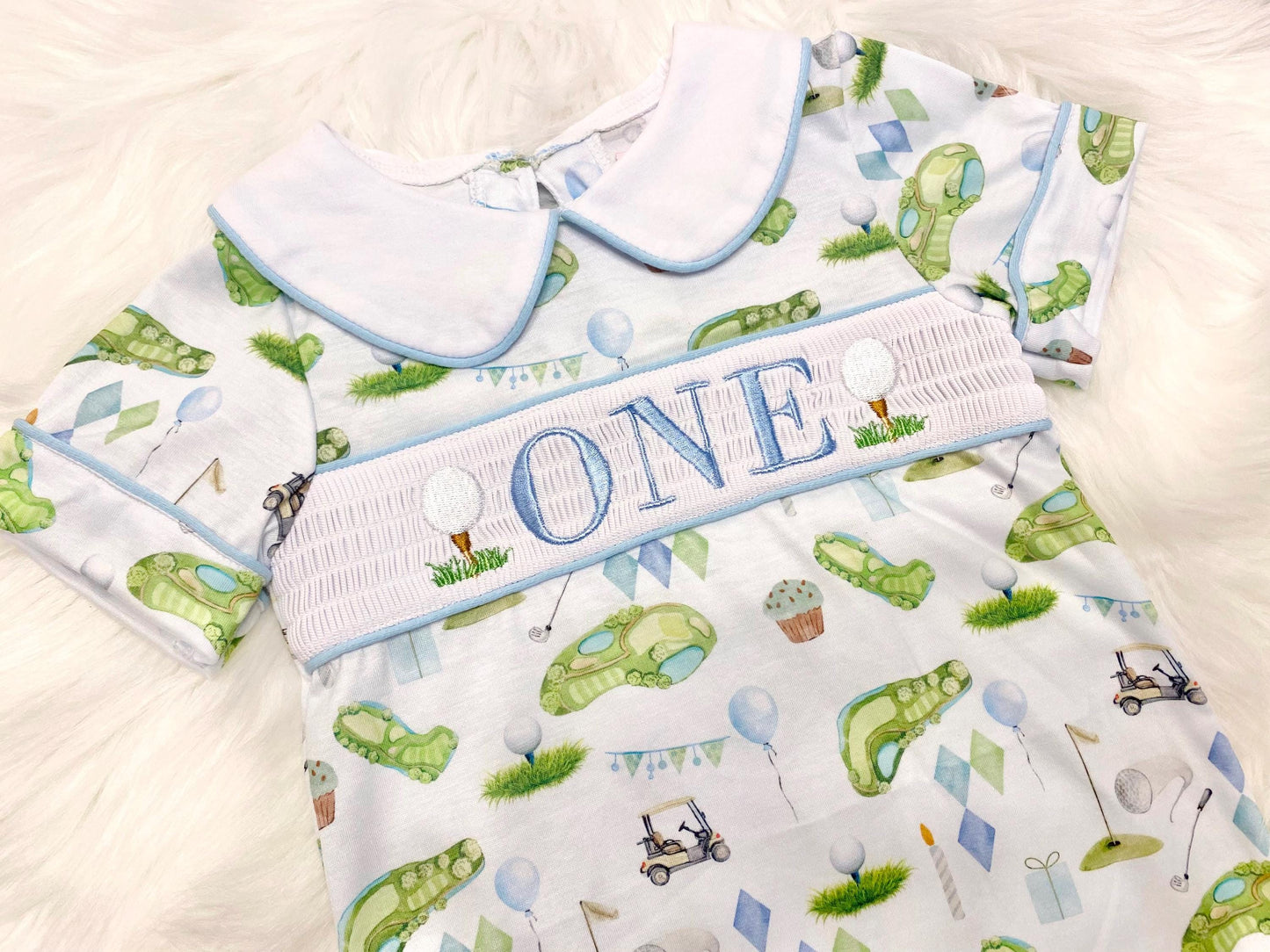 hole in one golf outfit shirt first birthday boy romper spring baby blue and white argyle blue green outfit, ONE smocked romper first birthday par tee, golfing golf balls embroidered smocked 1st birthday outfit romper baby boys