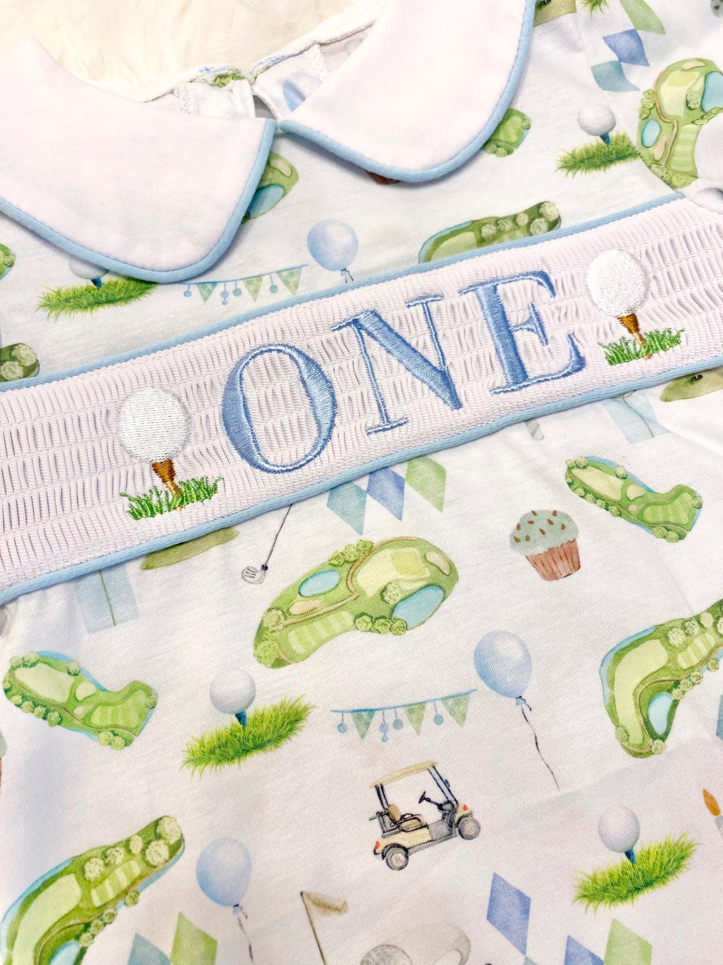 hole in one golf outfit shirt first birthday boy romper spring baby blue and white argyle blue green outfit, ONE smocked romper first birthday par tee, golfing golf balls embroidered smocked 1st birthday outfit romper baby boys
