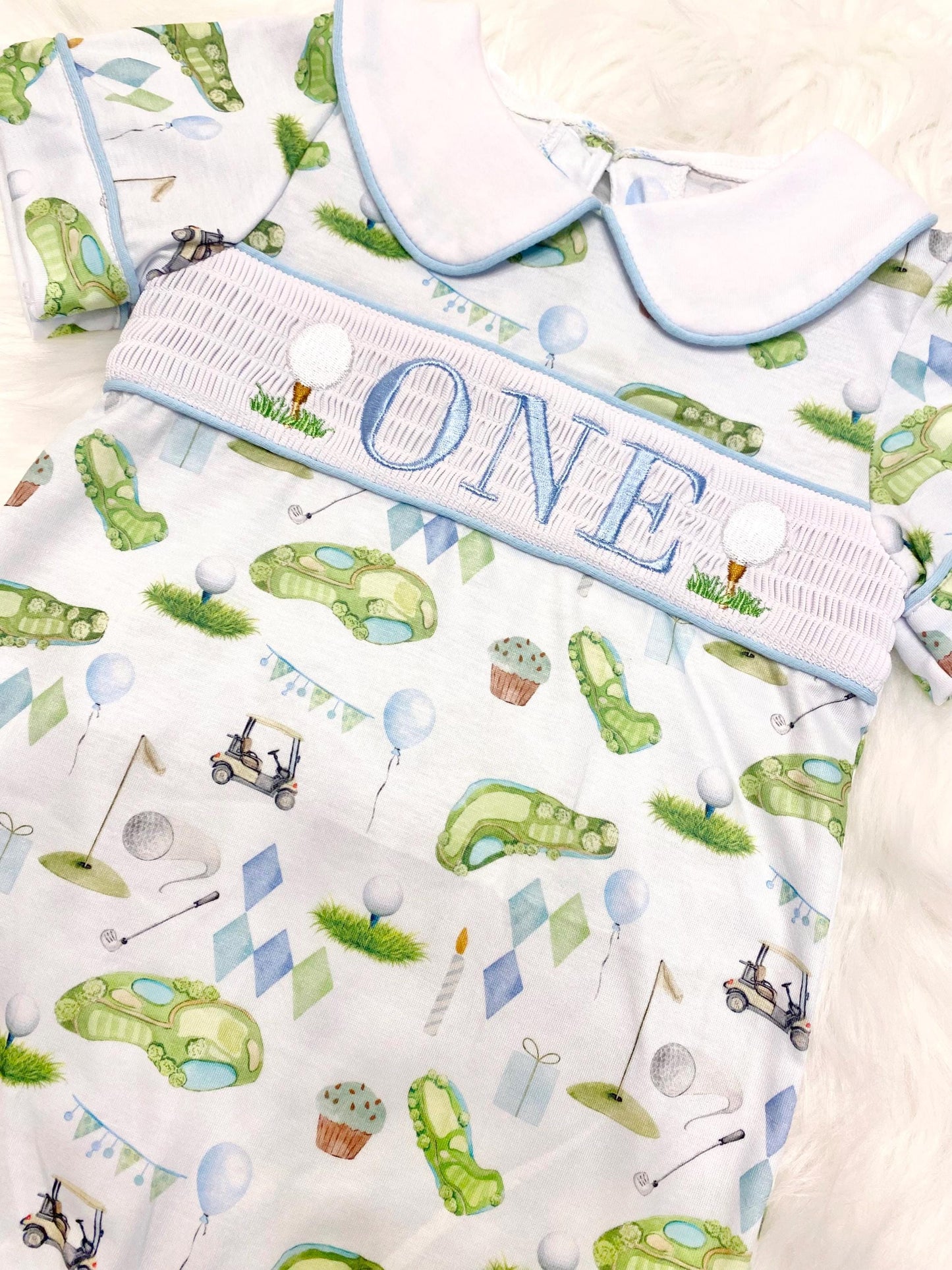 hole in one golf outfit shirt first birthday boy romper spring baby blue and white argyle blue green outfit, ONE smocked romper first birthday par tee, golfing golf balls embroidered smocked 1st birthday outfit romper baby boys
