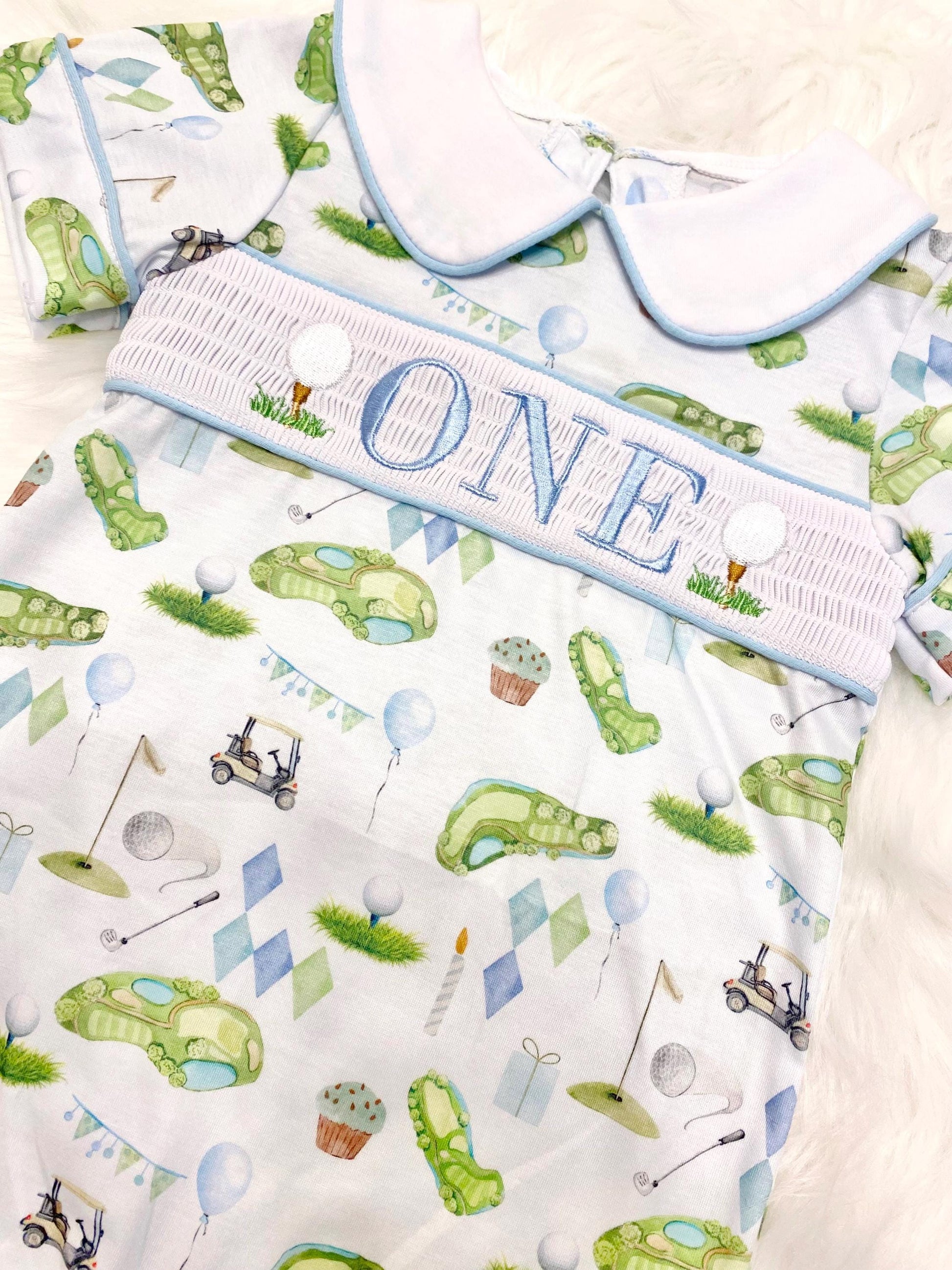 hole in one golf outfit shirt first birthday boy romper spring baby blue and white argyle blue green outfit, ONE smocked romper first birthday par tee, golfing golf balls embroidered smocked 1st birthday outfit romper baby boys
