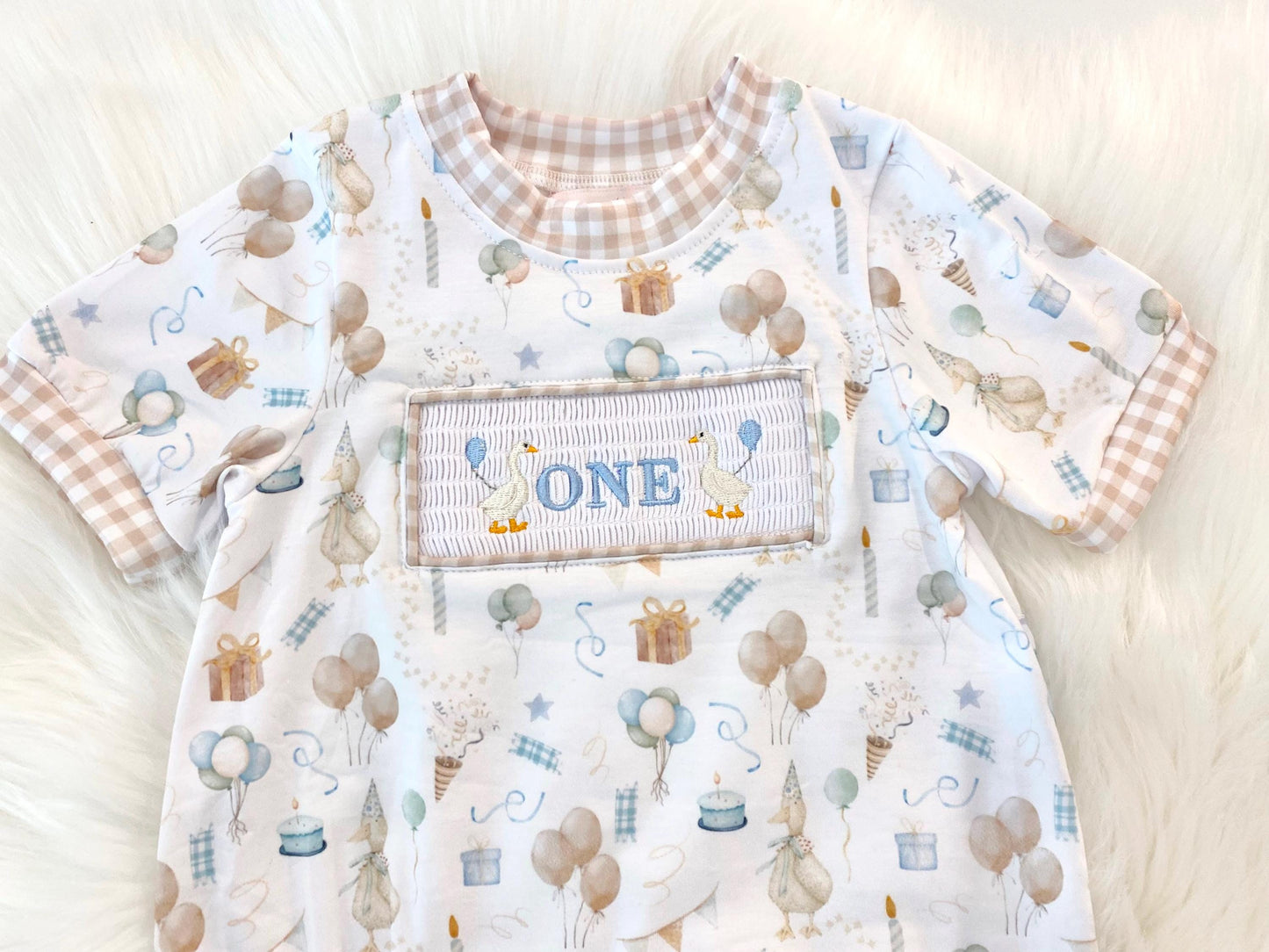 one silly goose shirt first birthday boy romper blue brown blue tan beige gingham checkered outfit, ONE smocked bubble romper first birthday geese goose, party goose embroidered smocked 1st birthday outfit romper baby boys neutral