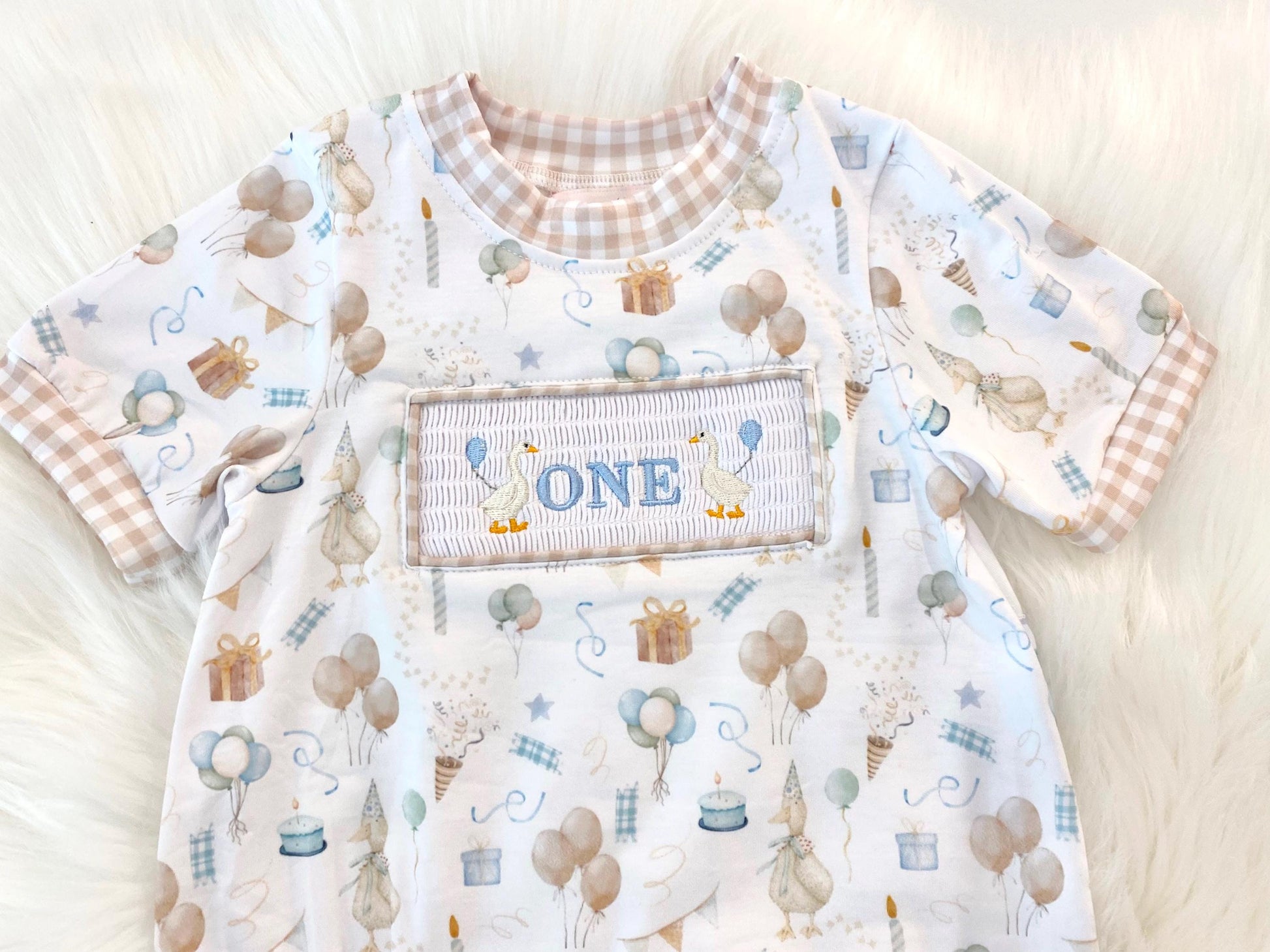 one silly goose shirt first birthday boy romper blue brown blue tan beige gingham checkered outfit, ONE smocked bubble romper first birthday geese goose, party goose embroidered smocked 1st birthday outfit romper baby boys neutral