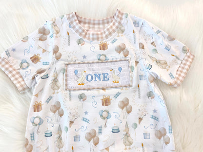 one silly goose shirt first birthday boy romper blue brown blue tan beige gingham checkered outfit, ONE smocked bubble romper first birthday geese goose, party goose embroidered smocked 1st birthday outfit romper baby boys neutral
