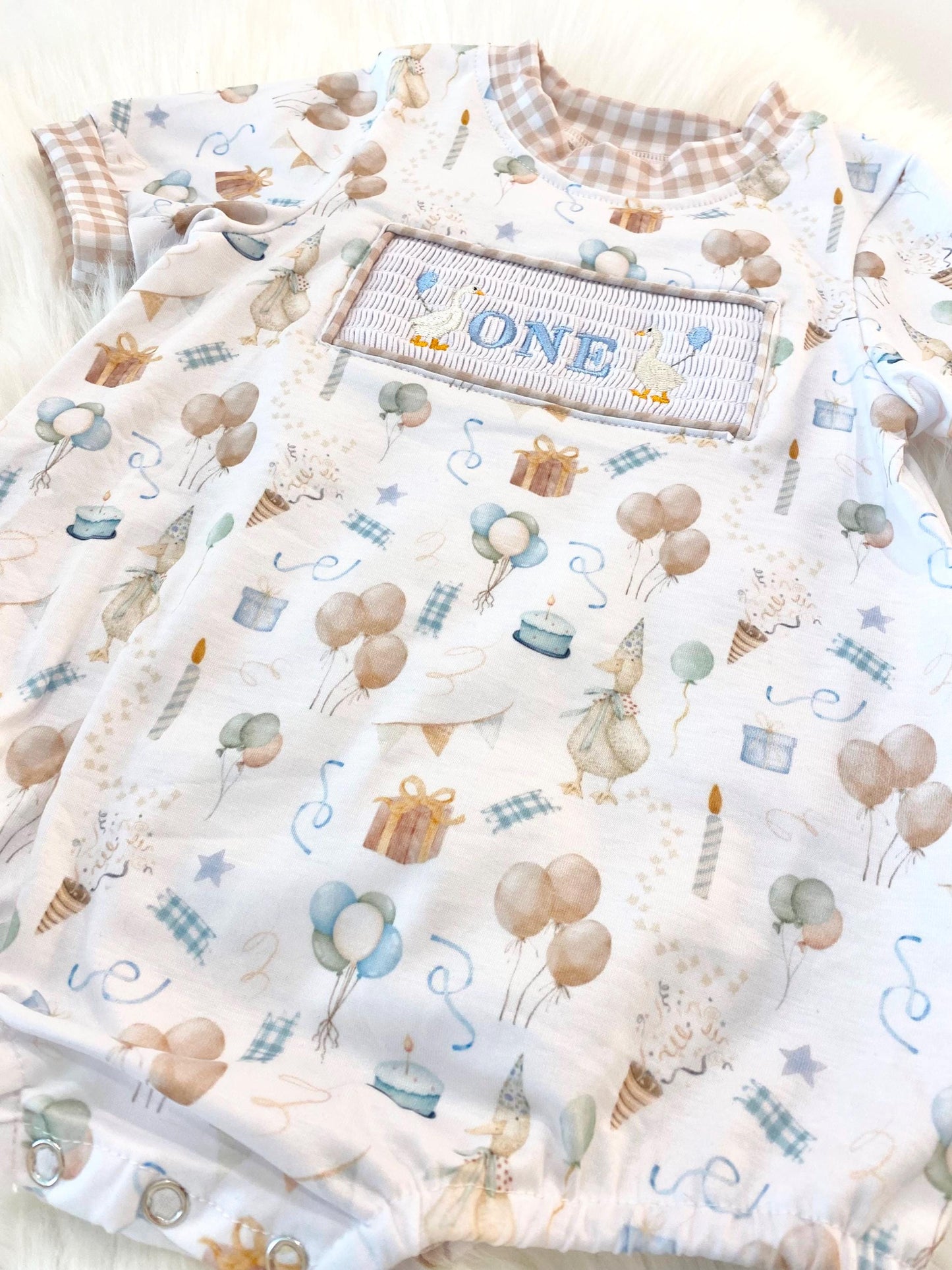 one silly goose shirt first birthday boy romper blue brown blue tan beige gingham checkered outfit, ONE smocked bubble romper first birthday geese goose, party goose embroidered smocked 1st birthday outfit romper baby boys neutral