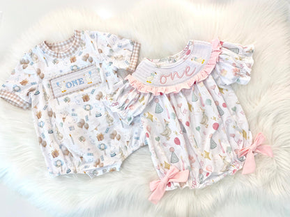 one silly goose girls first birthday bubble romper outfit pink bows first birthday girl romper pink and white outfit, pink sage green smocked dress first birthday embroidered  goose smocked short sleeve 1st birthday outfit ruffle dress baby girls