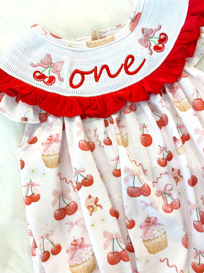 red cherries and pink bows first birthday girl romper pink red and white outfit, girls cherry sweet red white smocked bubble romper first birthday spring summer bows ruffle embroidered smocked short flutter sleeve 1st birthday outfit romper baby girl