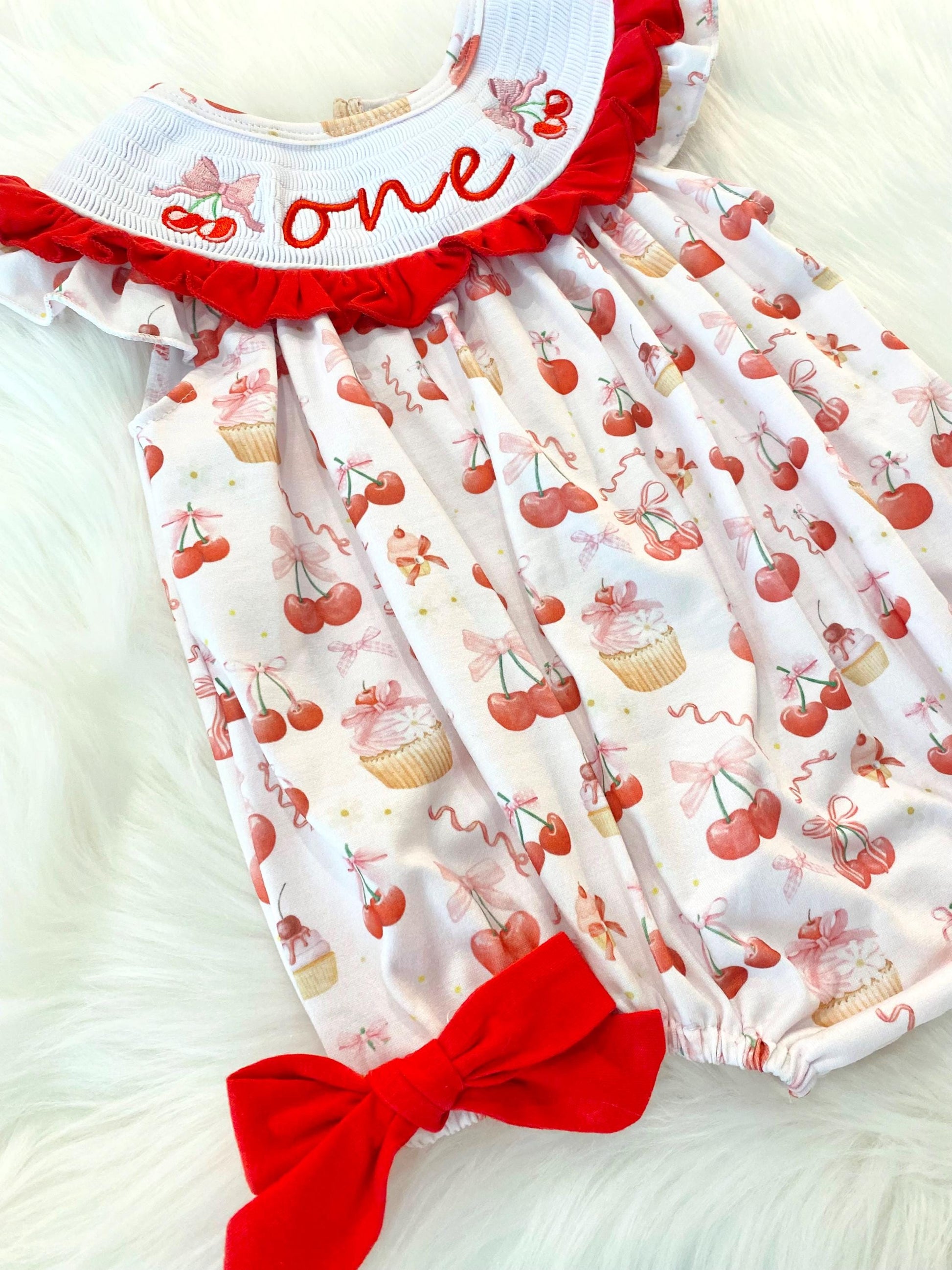 red cherries and pink bows first birthday girl romper pink red and white outfit, girls cherry sweet red white smocked bubble romper first birthday spring summer bows ruffle embroidered smocked short flutter sleeve 1st birthday outfit romper baby girl