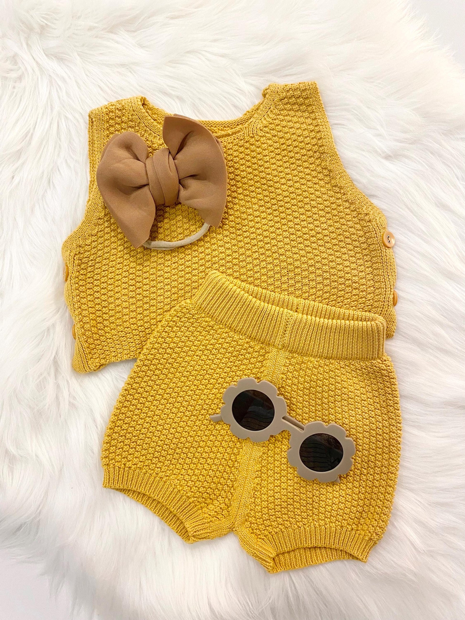 baby girls half 1/2 Birthday yellow daisy Outfit, chunky knit boho tank top and shorts bow headband baby sunglasses Outfit Girl, mustard Yellow brown cream tan, blush pink red summer 1/2 birthday outfit, half birthday, outfit spring tank shorts
