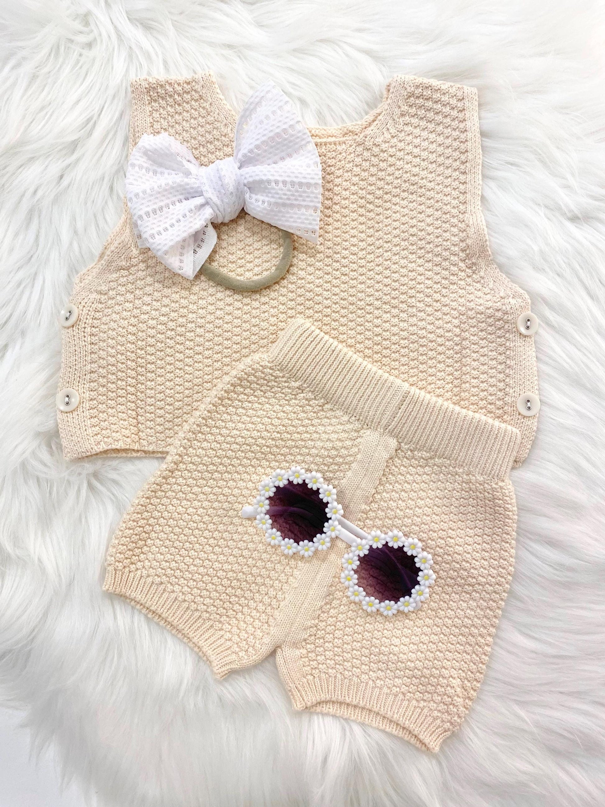 baby girls half 1/2 Birthday neutral Outfit, chunky knit boho tank top and shorts bow headband baby sunglasses Outfit Girl, mustard Yellow brown cream tan, blush pink red summer 1/2 birthday outfit, half birthday, gift set outfit spring tank shorts