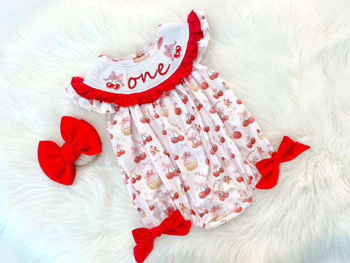 cherry on top red and pink cherries and bows first birthday girl romper pink red and white outfit, girls cherry sweet red white smocked bubble romper first birthday spring summer bows ruffle embroidered smocked cherry on top 1st birthday outfit romper baby girl
