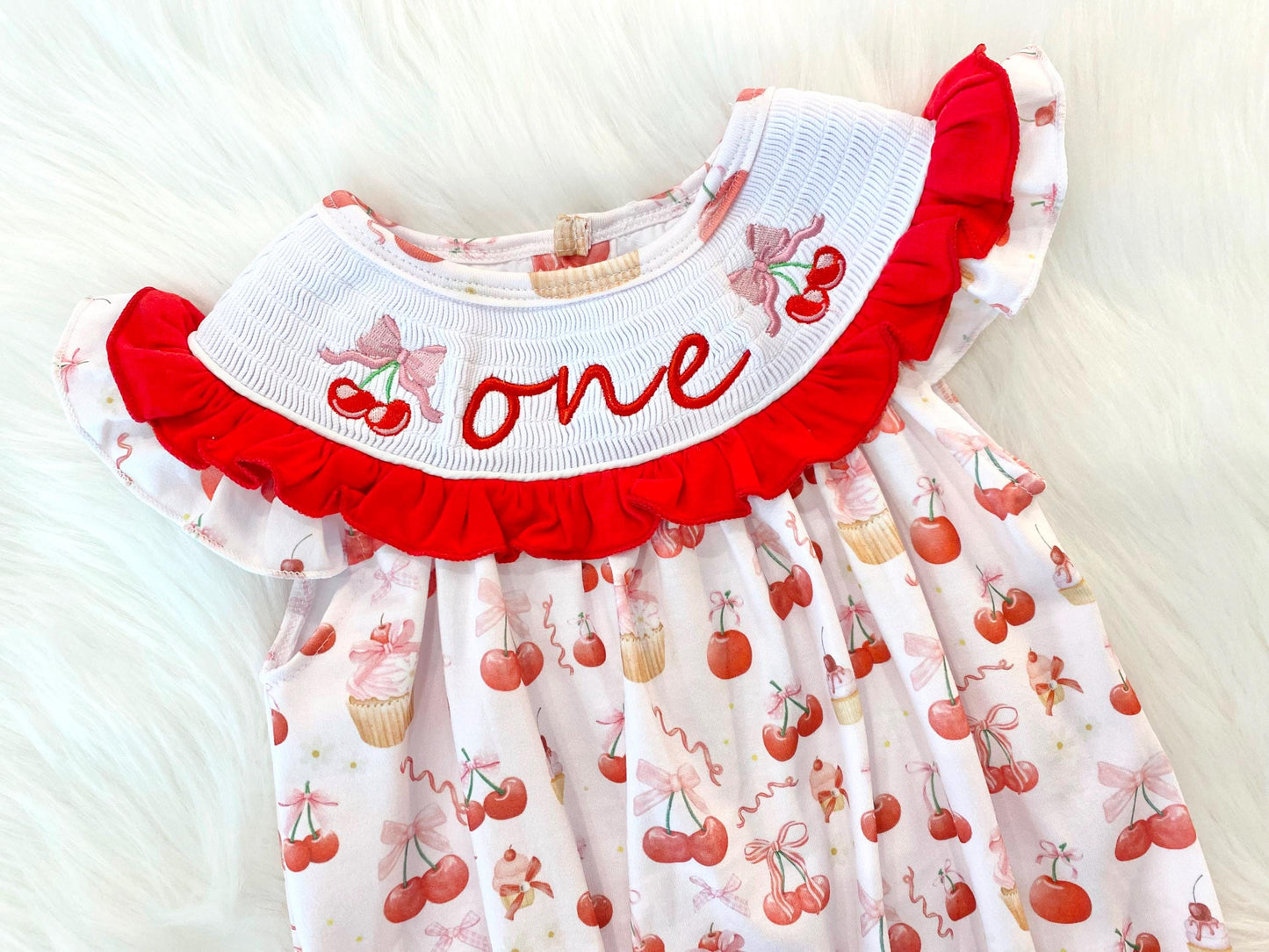 red cherries and pink bows first birthday girl romper pink red and white outfit, girls cherry sweet red white smocked bubble romper first birthday spring summer bows ruffle embroidered smocked short flutter sleeve 1st birthday outfit romper baby girl