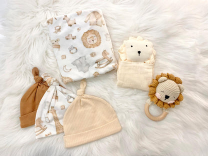 newborn neutral coming home outfit layette set baby boys lion swaddle blanket and knot hat set newborn blanket and   newborn hat spring baby gift boy, baby lion tan white cream ivory beige shower gift set Newborn Boy Neutral Gift Set newborn boy gift