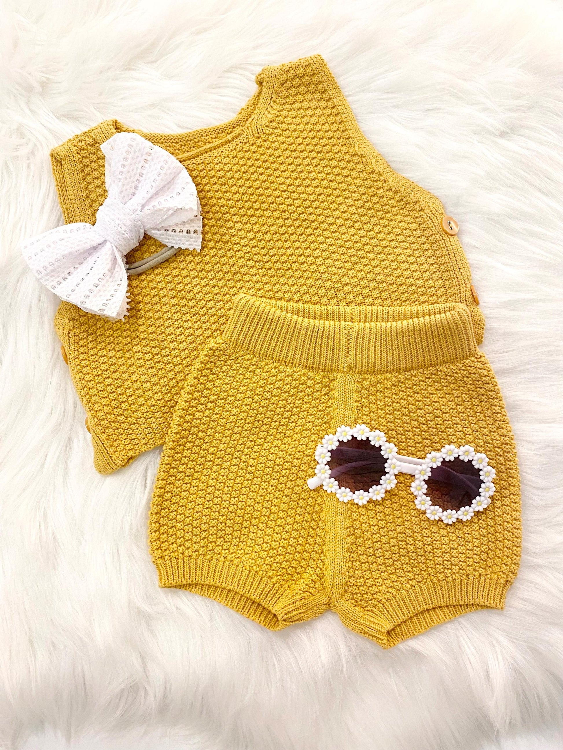 baby girls half 1/2 Birthday yellow daisy Outfit, chunky knit boho tank top and shorts bow headband baby sunglasses Outfit Girl, mustard Yellow brown cream tan, blush pink red summer 1/2 birthday outfit, half birthday, outfit spring tank shorts