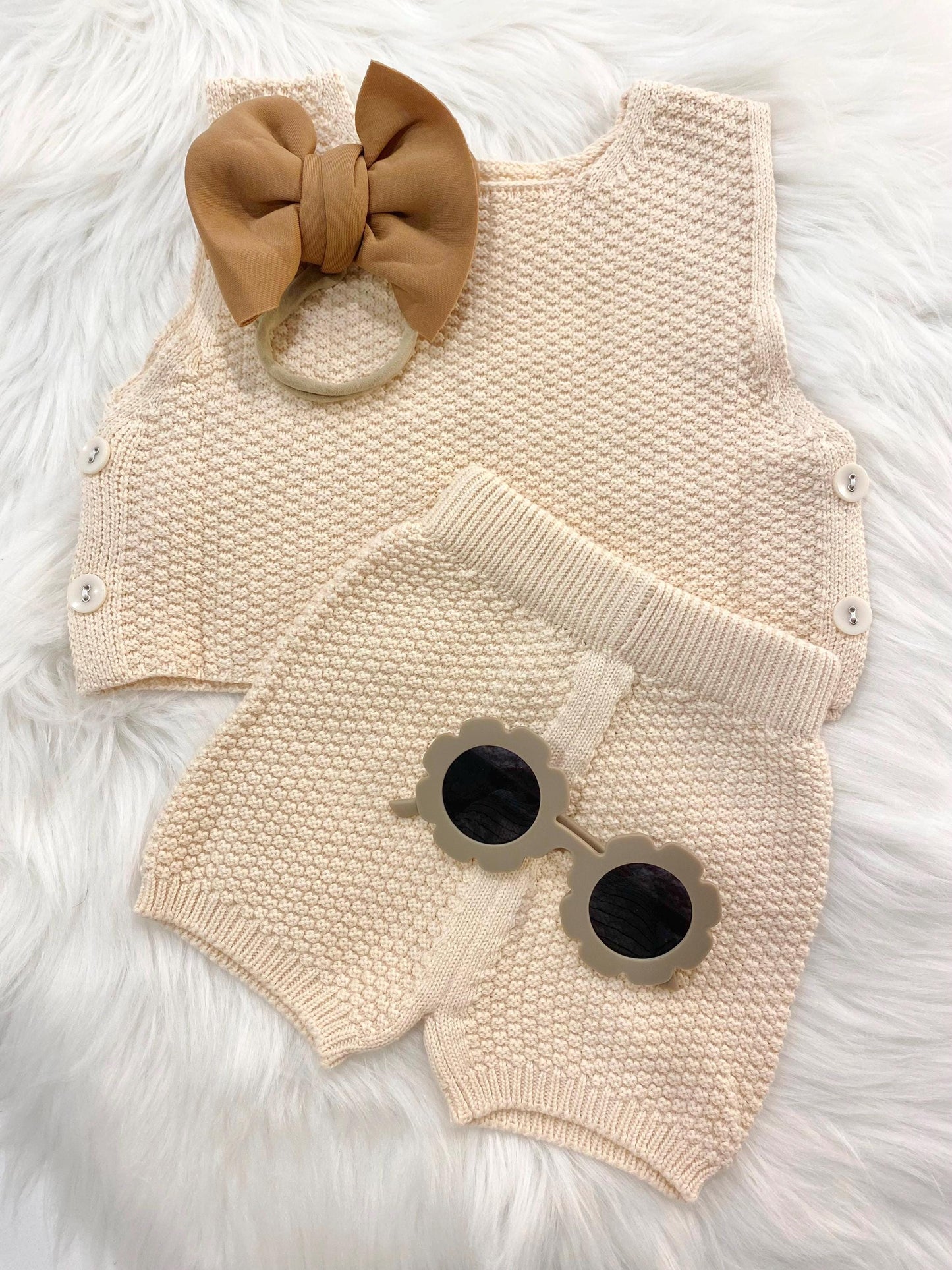 baby girls half 1/2 Birthday neutral Outfit, chunky knit boho tank top and shorts bow headband baby sunglasses Outfit Girl, mustard Yellow brown cream tan, blush pink red summer 1/2 birthday outfit, half birthday, gift set outfit spring tank shorts
