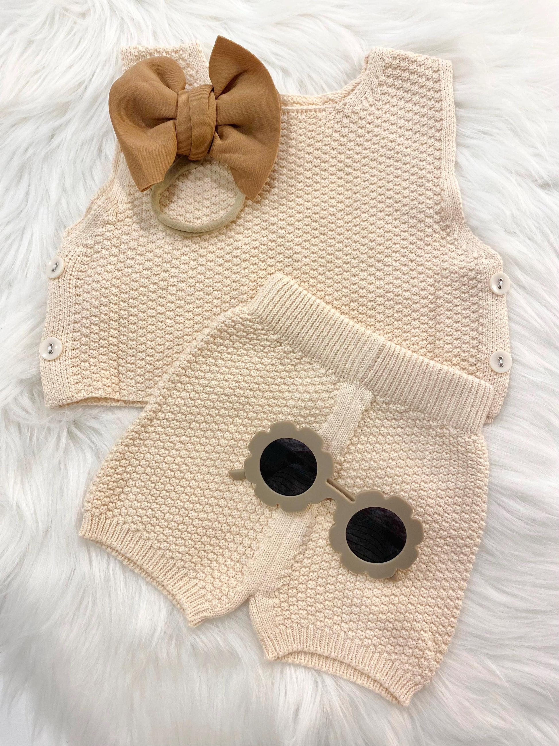baby girls half 1/2 Birthday neutral Outfit, chunky knit boho tank top and shorts bow headband baby sunglasses Outfit Girl, mustard Yellow brown cream tan, blush pink red summer 1/2 birthday outfit, half birthday, gift set outfit spring tank shorts