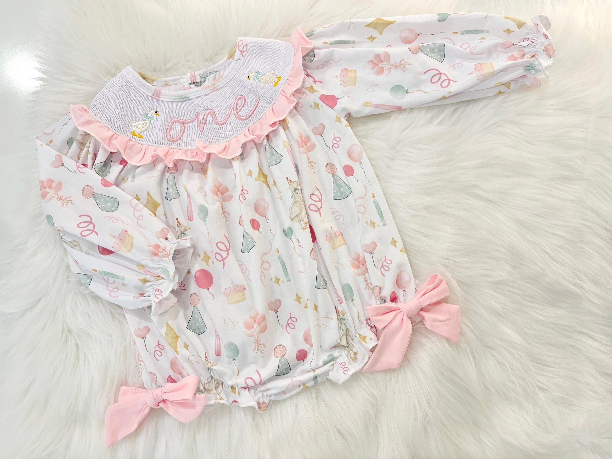 one silly goose girls first birthday bubble romper outfit pink bows first birthday girl romper pink and white outfit, pink sage green smocked dress first birthday embroidered  goose smocked short sleeve 1st birthday outfit ruffle dress baby girls