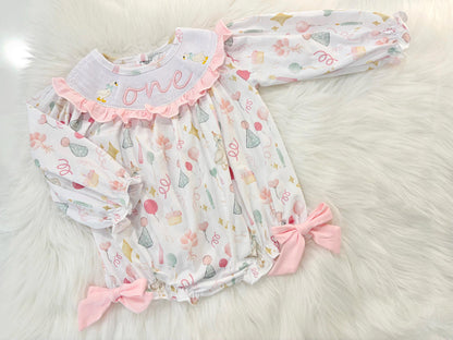 one silly goose girls first birthday bubble romper outfit pink bows first birthday girl romper pink and white outfit, pink sage green smocked dress first birthday embroidered  goose smocked short sleeve 1st birthday outfit ruffle dress baby girls