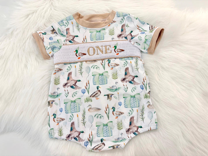 cake smash outfit one lucky duck shirt first birthday boy romper fall green brown blue tan beige outfit, ONE smocked bubble romper first birthday mallard ducks, party ducks embroidered smocked 1st birthday outfit romper baby boys, the mod mango baby boutique co