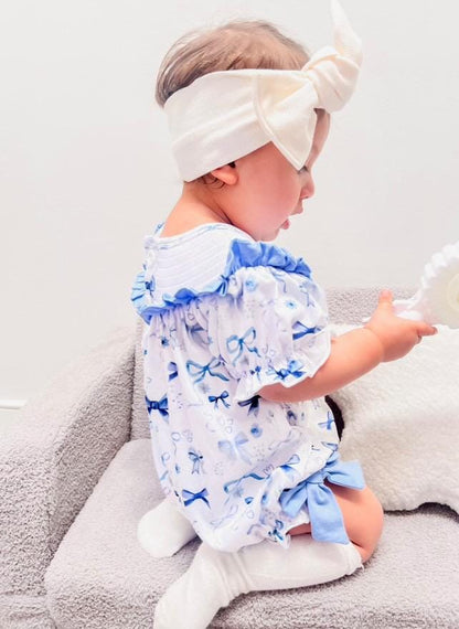 blue bow first birthday girl romper blue and white outfit, love shack fancy one bubble girls just want to be one smocked bubble romper first birthday spring bows ruffle bows  embroidered smocked short sleeve 1st birthday outfit romper baby girls