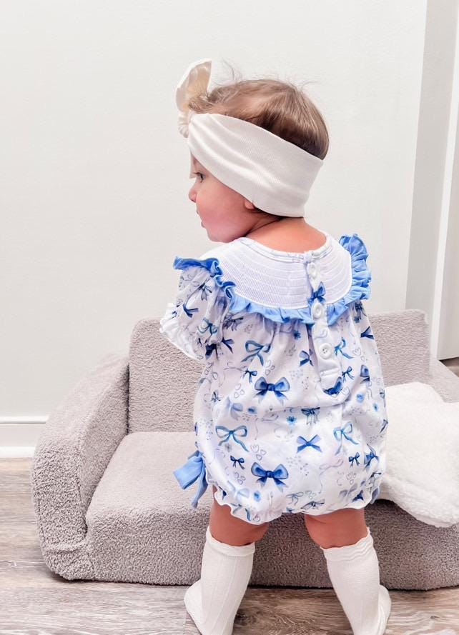 blue bow first birthday girl romper blue and white outfit, love shack fancy one bubble girls just want to be one smocked bubble romper first birthday spring bows ruffle bows  embroidered smocked short sleeve 1st birthday outfit romper baby girls