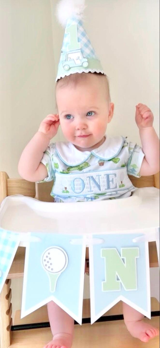 Golf First Birthday Smocked Romper: Boys Hole in ONE Par Tee Outfit
