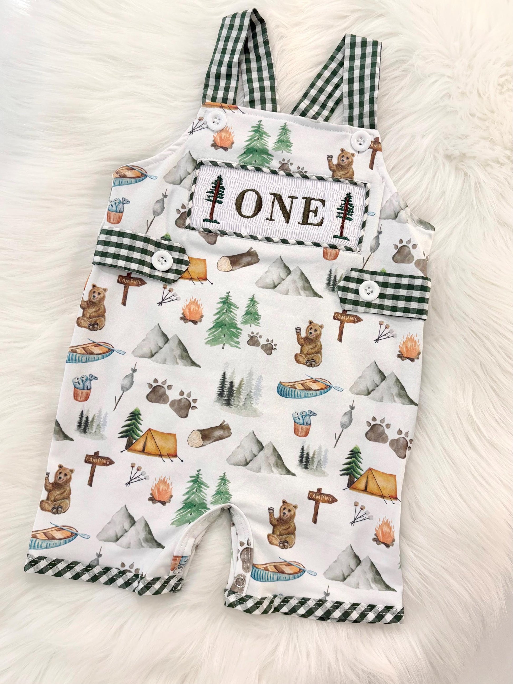 one happy camper first birthday boy romper camping hunter green white tan beige brown smash cake outfit overalls, ONE smocked romper first birthday camping, outdoors embroidered smocked spring summer 1st birthday boy outfit romper baby boys