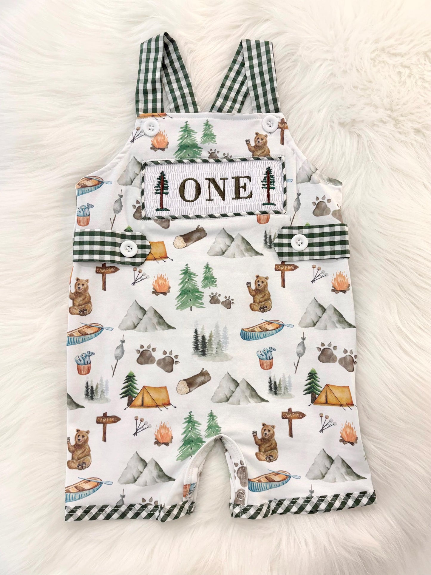 one happy camper first birthday boy romper camping hunter green white gingham tan beige brown smash cake outfit overalls, ONE smocked romper first birthday camping, outdoors embroidered smocked spring summer 1st birthday boy outfit romper baby boys