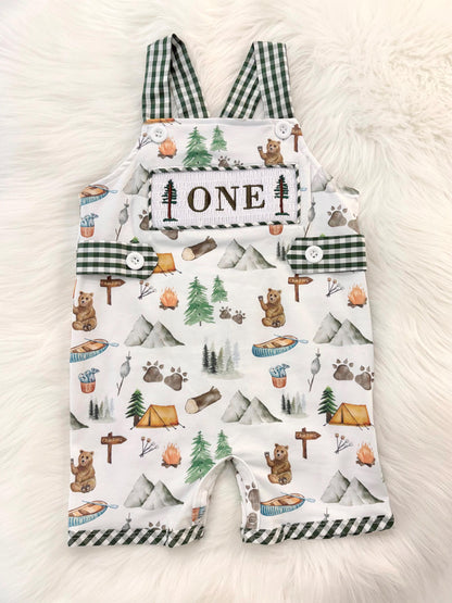 one happy camper first birthday boy romper camping hunter green white gingham tan beige brown smash cake outfit overalls, ONE smocked romper first birthday camping, outdoors embroidered smocked spring summer 1st birthday boy outfit romper baby boys