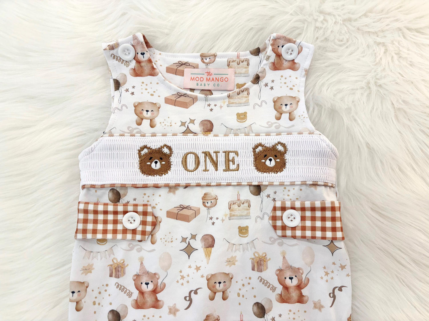 beary first birthday boy romper teddy bear shortalls brown tan beige white gingham smash cake outfit overalls, ONE smocked romper first birthday bears, teddy bear embroidered smocked spring summer fall 1st birthday boy outfit romper baby boys beary 1st birthday