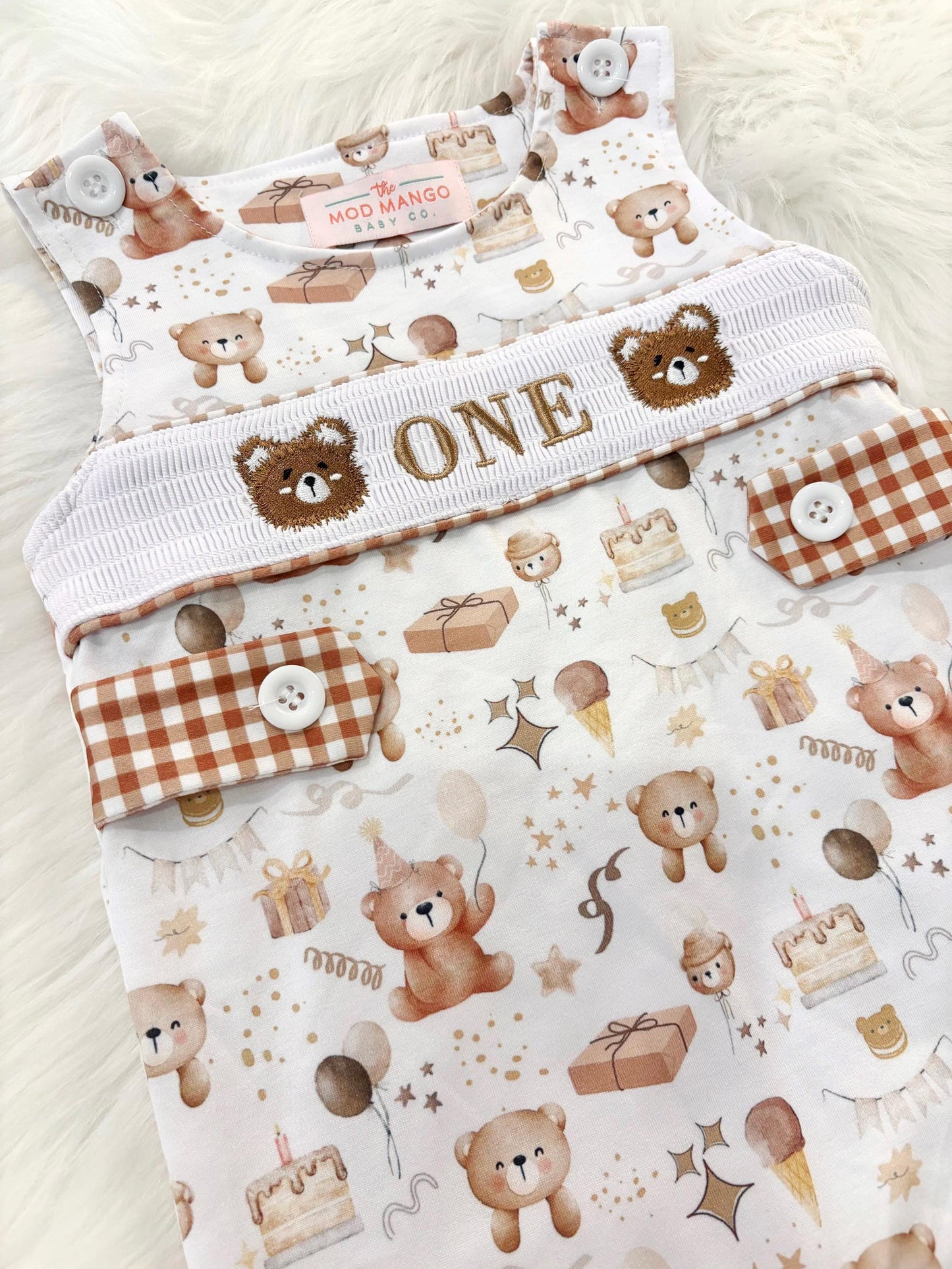 beary first birthday boy romper teddy bear shortalls brown tan beige white gingham smash cake outfit overalls, ONE smocked romper first birthday bears, teddy bear embroidered smocked spring summer fall 1st birthday boy outfit romper baby boys beary 1st birthday