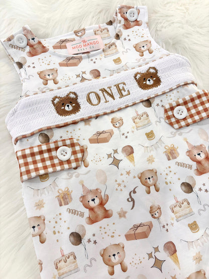 beary first birthday boy romper teddy bear shortalls brown tan beige white gingham smash cake outfit overalls, ONE smocked romper first birthday bears, teddy bear embroidered smocked spring summer fall 1st birthday boy outfit romper baby boys beary 1st birthday