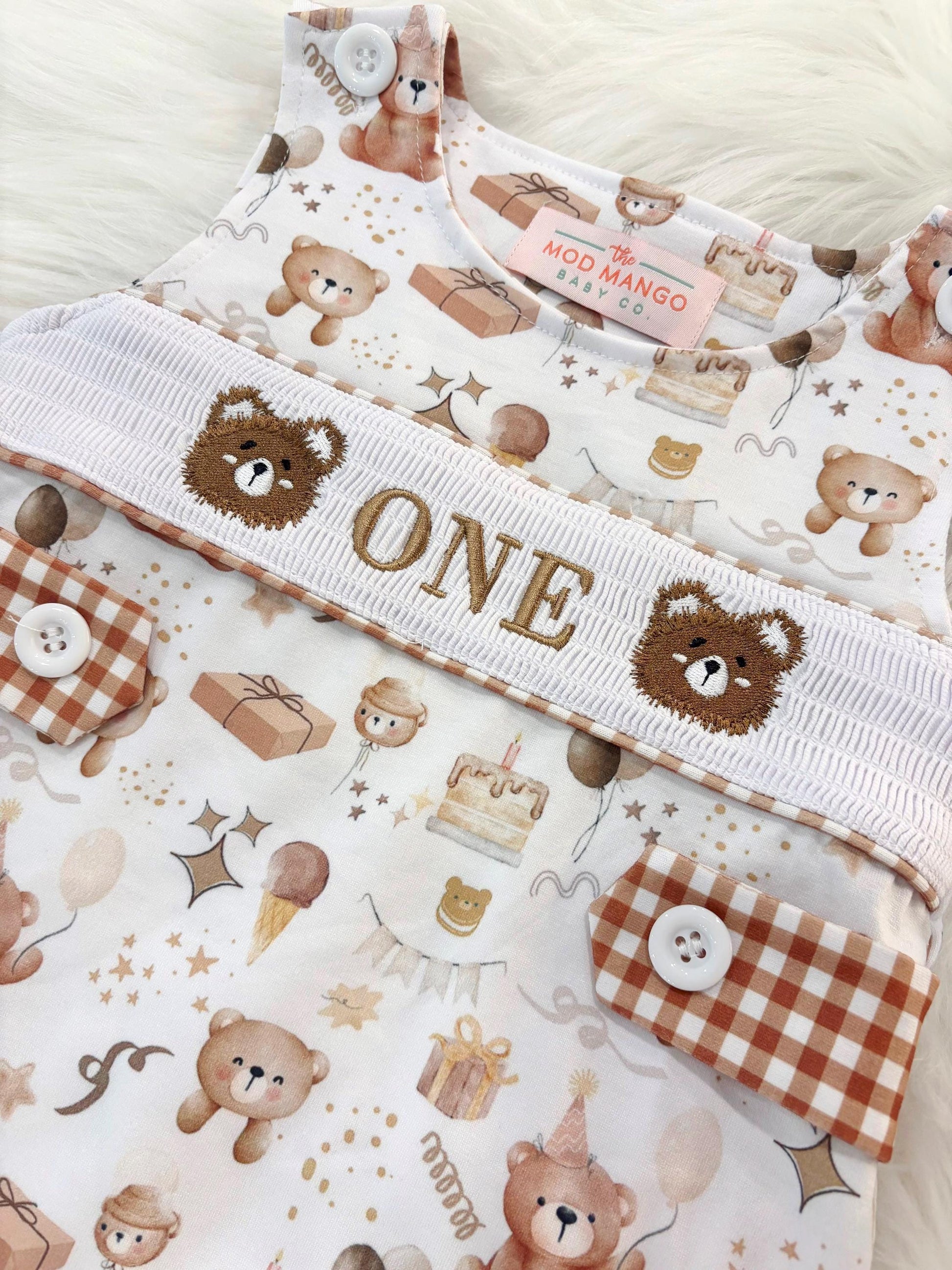 beary first birthday boy romper teddy bear shortalls brown tan beige white gingham smash cake outfit overalls, ONE smocked romper first birthday bears, teddy bear embroidered smocked spring summer fall 1st birthday boy outfit romper baby boys beary 1st birthday