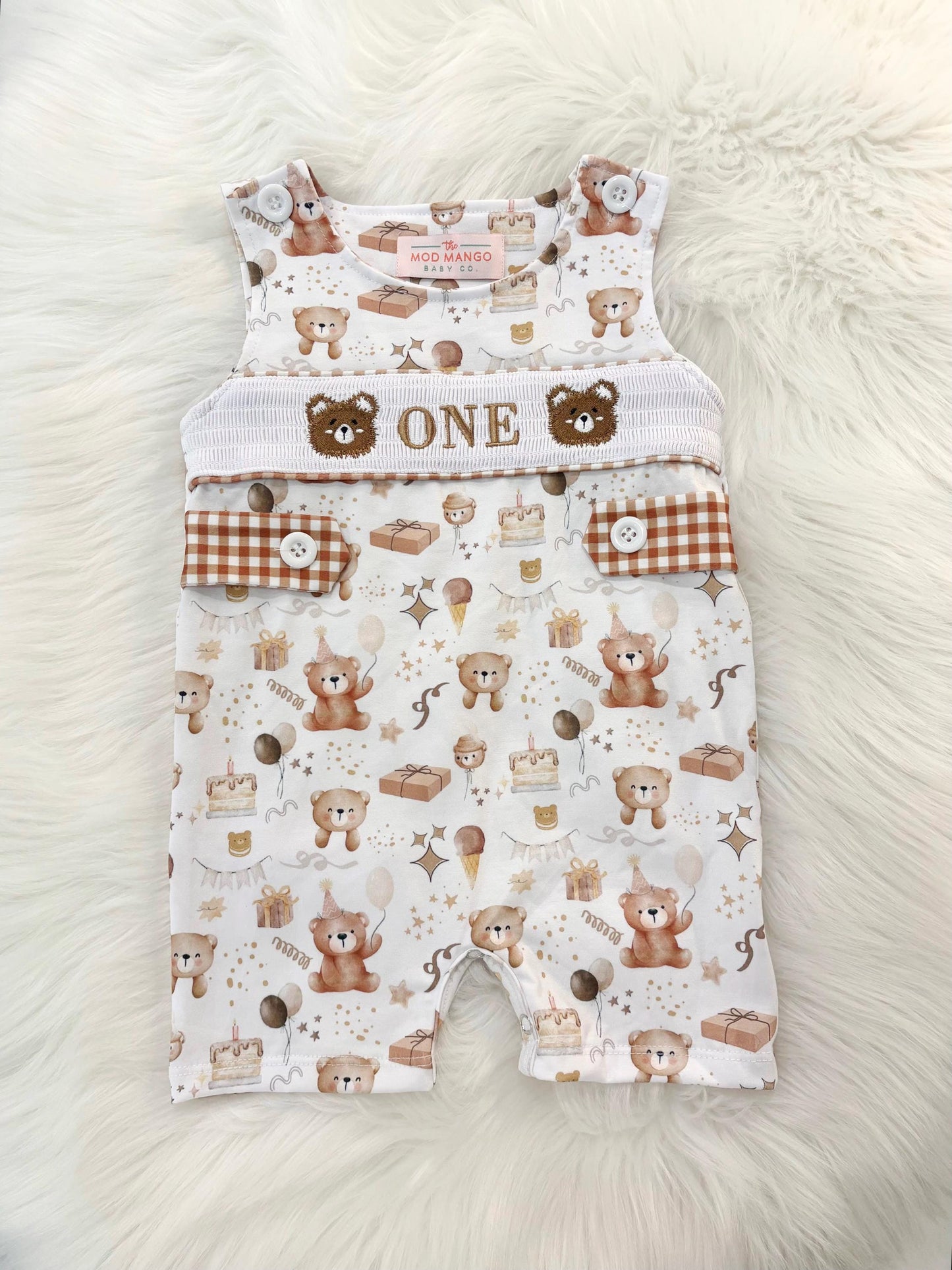 beary first birthday boy romper teddy bear shortalls brown tan beige white gingham smash cake outfit overalls, ONE smocked romper first birthday bears, teddy bear embroidered smocked spring summer fall 1st birthday boy outfit romper baby boys beary 1st birthday
