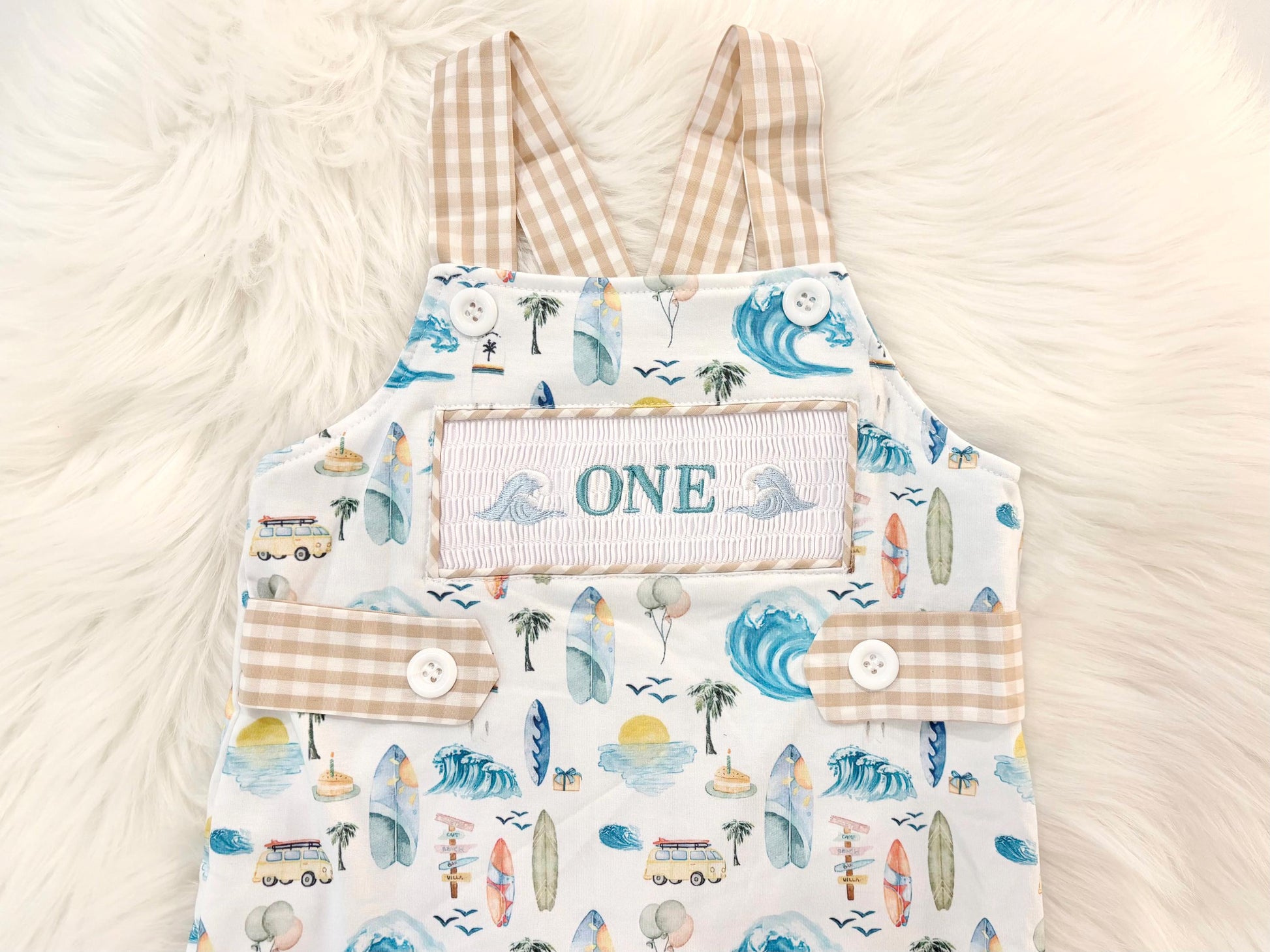 the big one first birthday boy romper my first wave summer beach surfer aqua blue tan white gingham yellow smash cake outfit overalls, ONE smocked romper first birthday beach party surfing, ocean embroidered smocked spring summer 1st birthday boy outfit romper baby boys