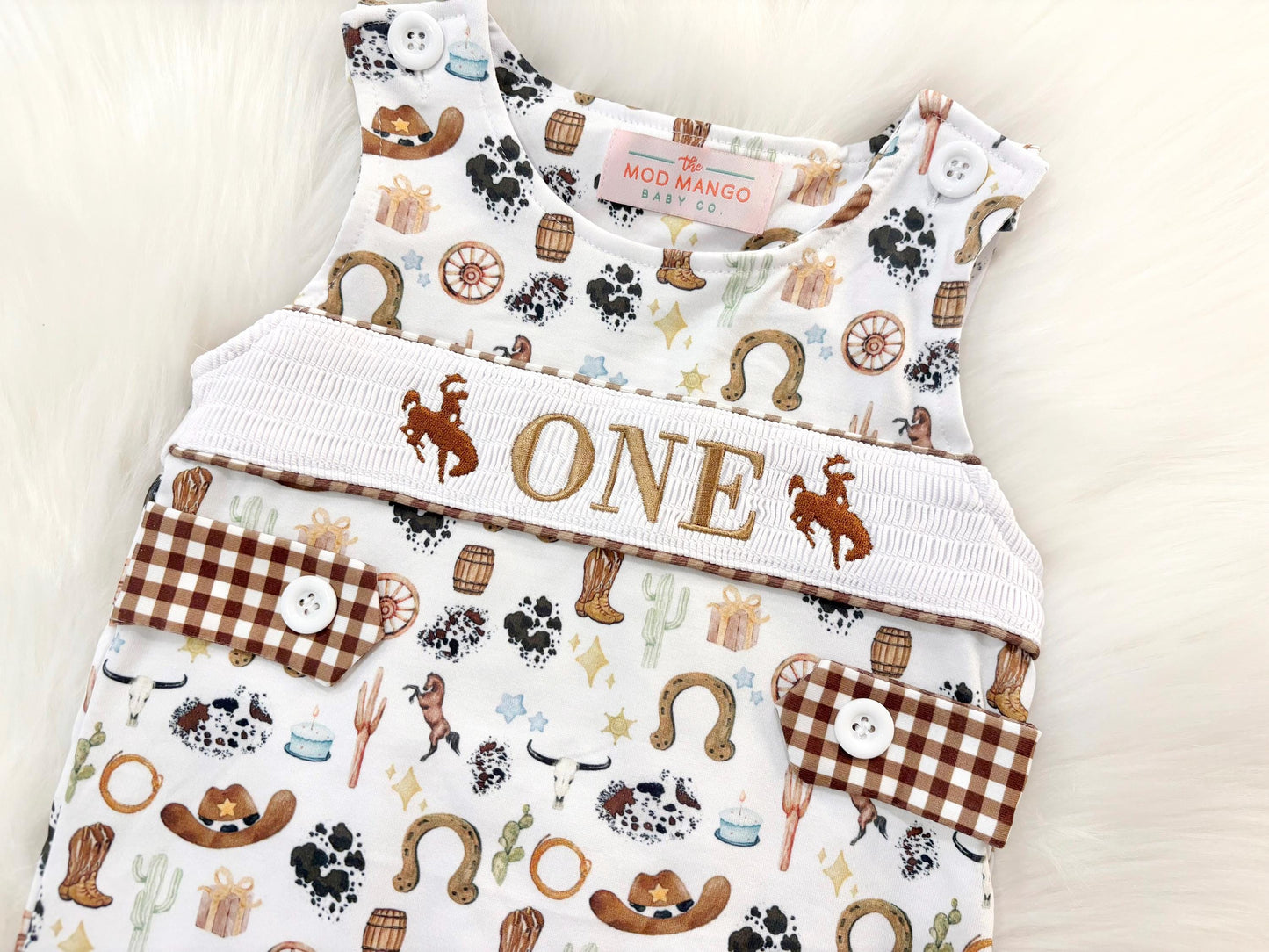 my first rodeo birthday boy romper cowboy western shortalls brown tan beige white gingham smash cake outfit overalls, ONE smocked romper first birthday cowboy, rodeo western cowboy embroidered smocked spring summer fall 1st birthday boy outfit romper baby boys rodeo 1st birthday