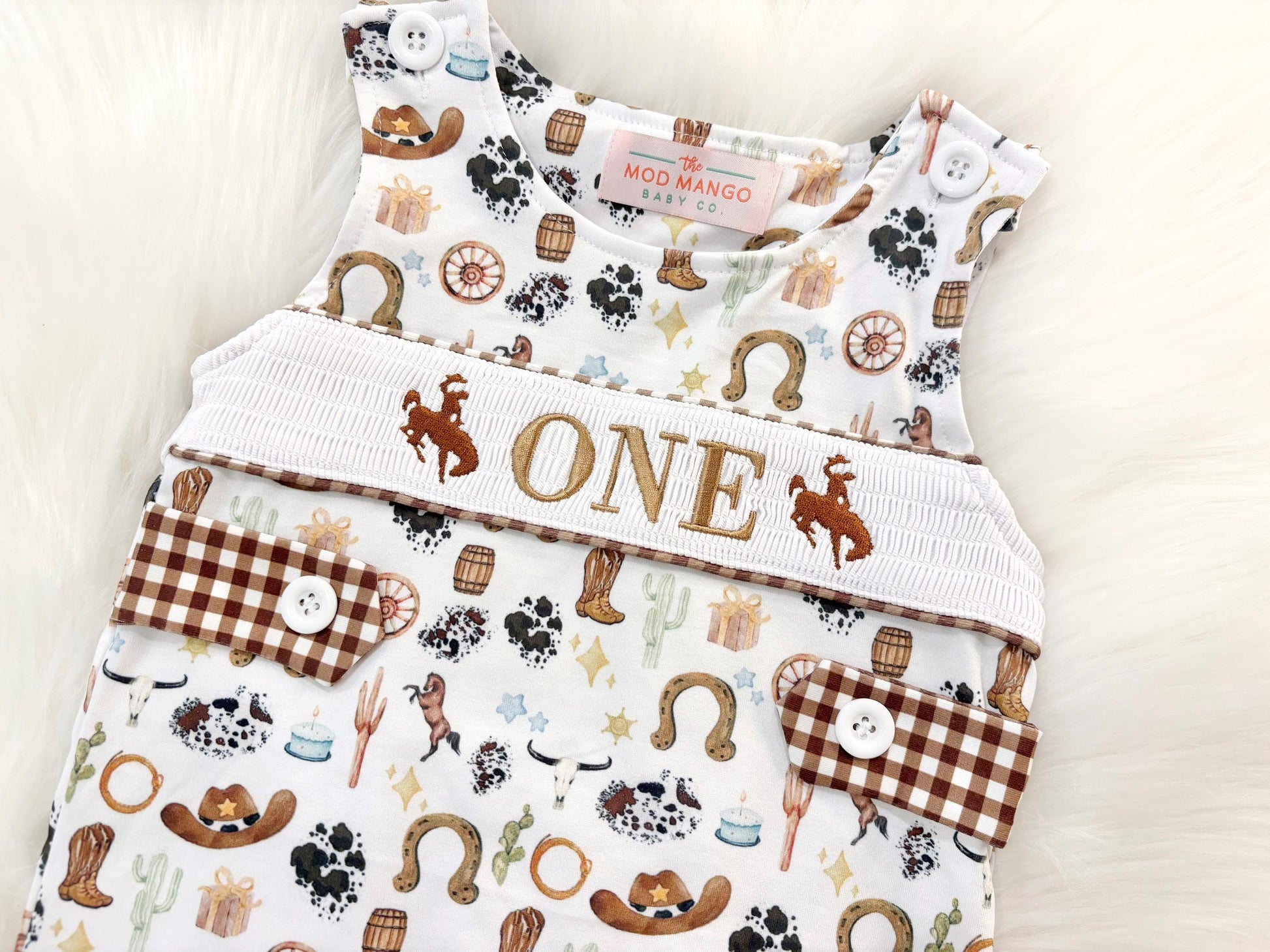 my first rodeo birthday boy romper cowboy western shortalls brown tan beige white gingham smash cake outfit overalls, ONE smocked romper first birthday cowboy, rodeo western cowboy embroidered smocked spring summer fall 1st birthday boy outfit romper baby boys rodeo 1st birthday