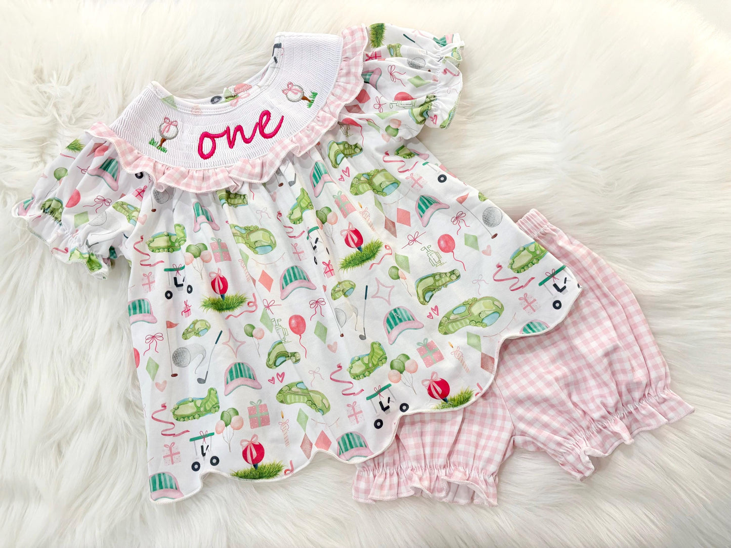 hole in one golf outfit shirt and bubble shorts first birthday girl romper spring baby pink and white gingham argyle green hot pink scalloped shirt shorts outfit, ONE smocked romper first birthday par tee, golfing golf balls embroidered smocked 1st birthday outfit romper baby girls golf first birthday outfit