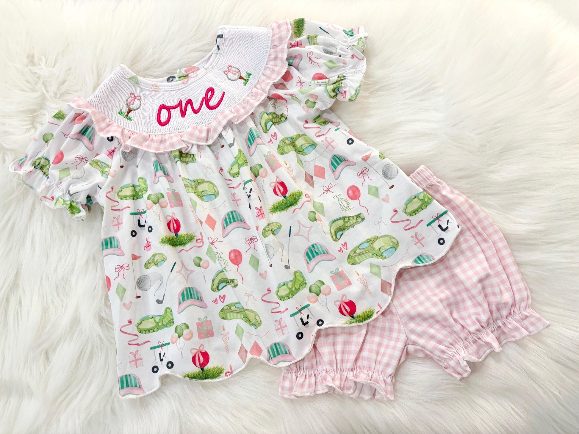 hole in one golf outfit shirt and bubble shorts first birthday girl romper spring baby pink and white gingham argyle green hot pink scalloped shirt shorts outfit, ONE smocked romper first birthday par tee, golfing golf balls embroidered smocked 1st birthday outfit romper baby girls golf first birthday outfit
